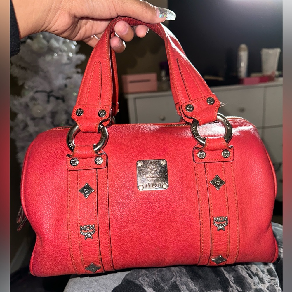 Authentic MCM Red in Leather Boston bag